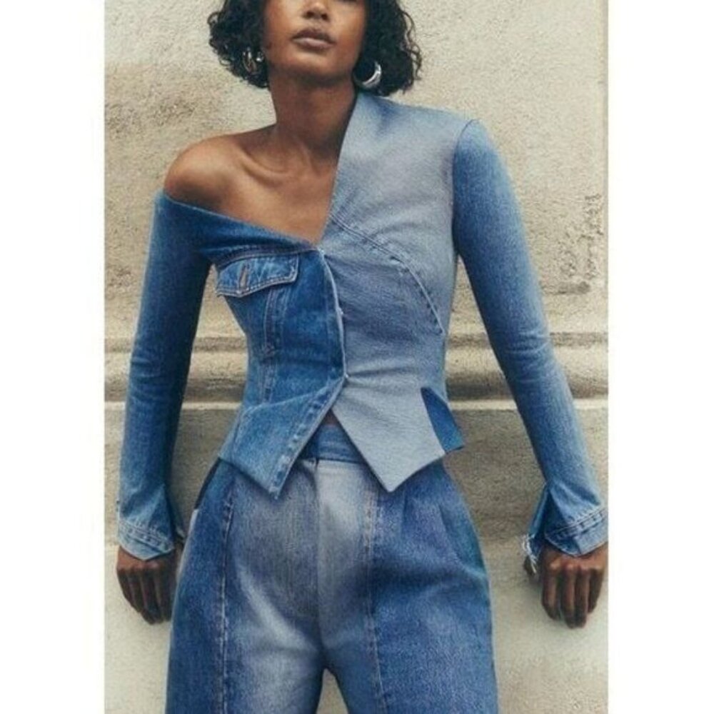 A.W.A.K.E. MODE Upcycled Denim Off Shoulder Top Jean Jacket